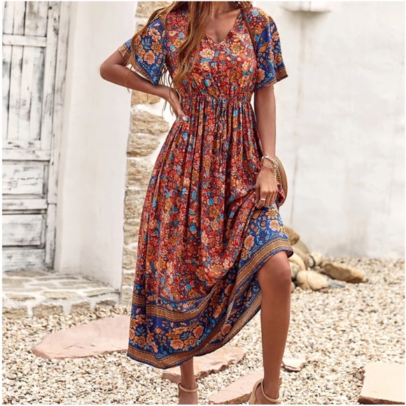 Dresses & Skirts - Boho Floral Print Butterfly Sleeve Maxi Dress